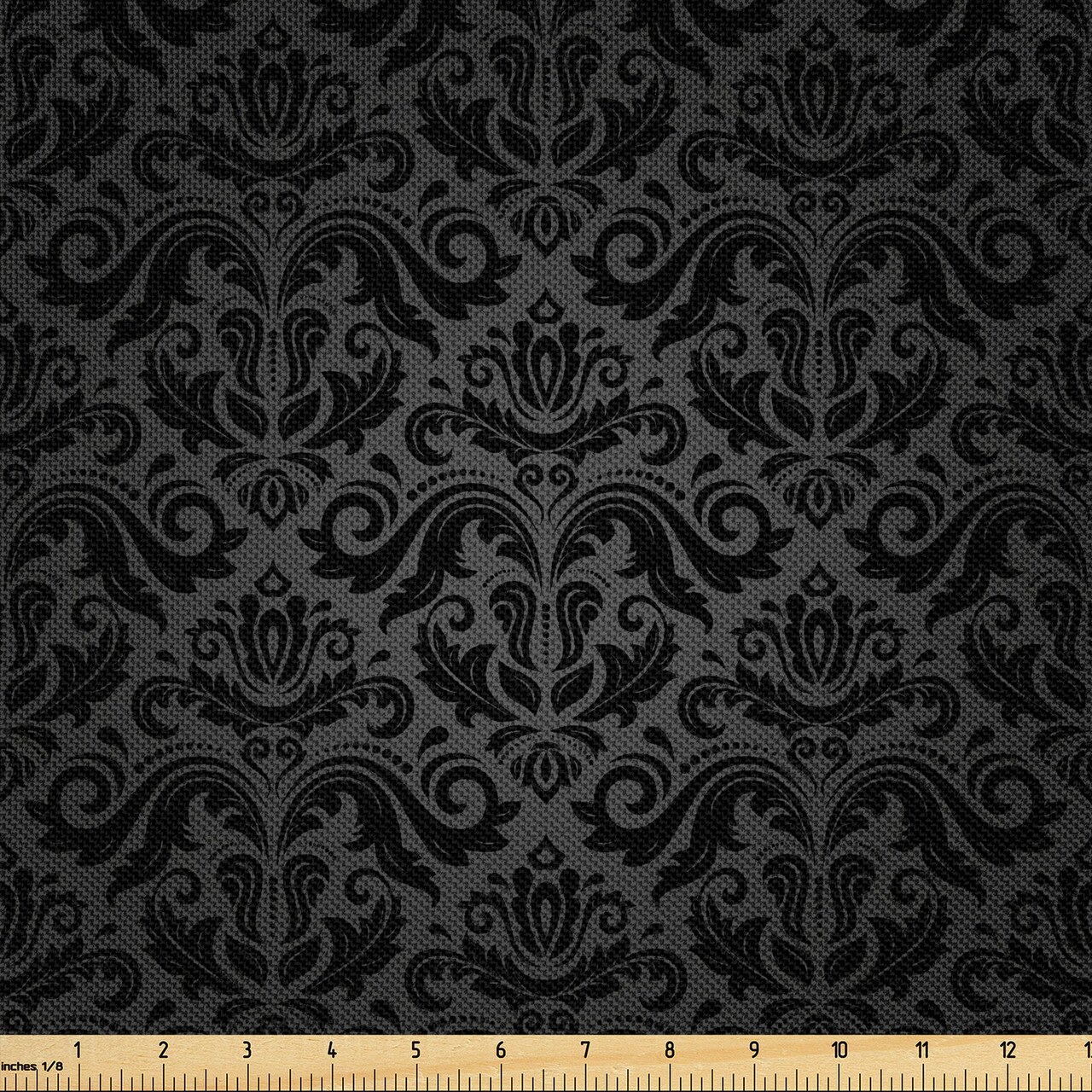 Ambesonne Dark Grey Fabric by The Yard, Black Damask and Floral Elements Oriental Antique Ornament Vintage, Decorative Satin Fabric for Home Textiles and Crafts, 10 Yards, Black Grey